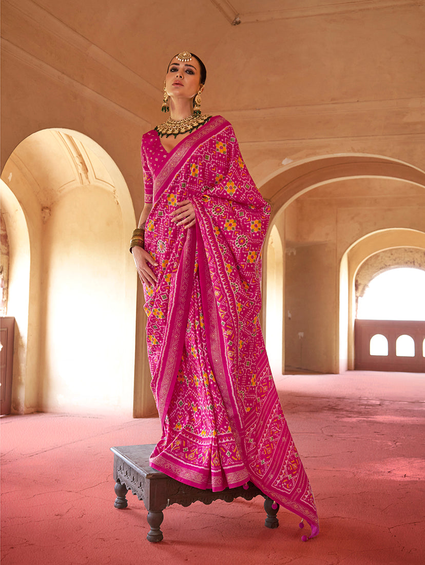 Monjolika Fashion Rani Pink Silk Patola Design Saree for Festival | Grocsy