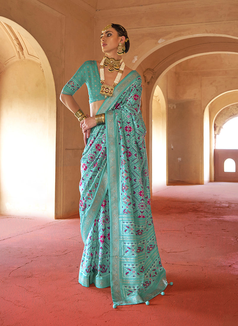 Monjolika Fashion Turquoise Silk Patola Design Saree for Festival | Grocsy