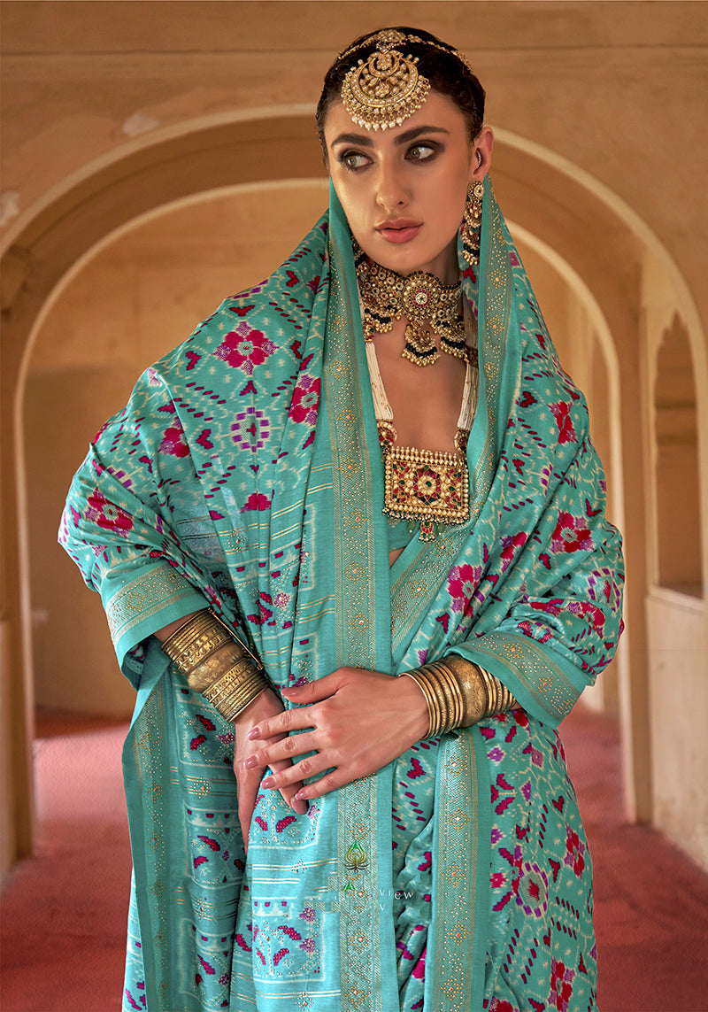 Monjolika Fashion Turquoise Silk Patola Design Saree for Festival | Grocsy
