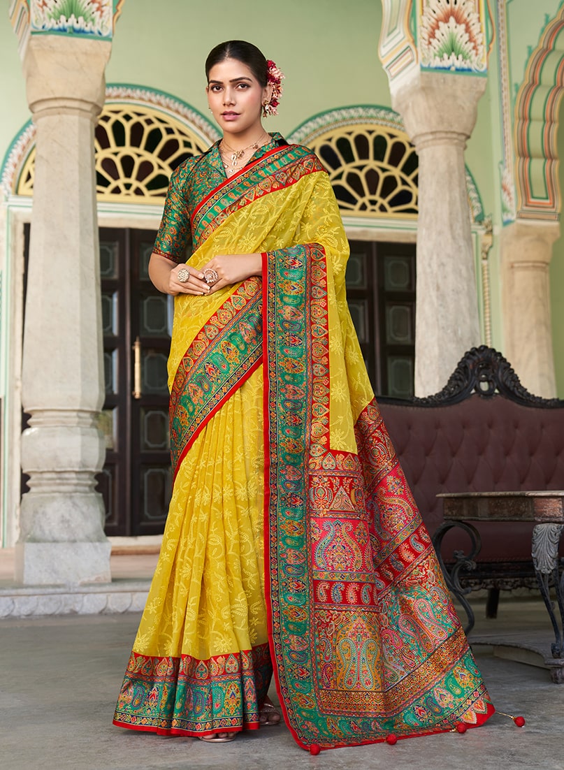 Monjolika Fashion Mustard Lucknowi Viscose Georgette Saree with Foil Print | Grocsy