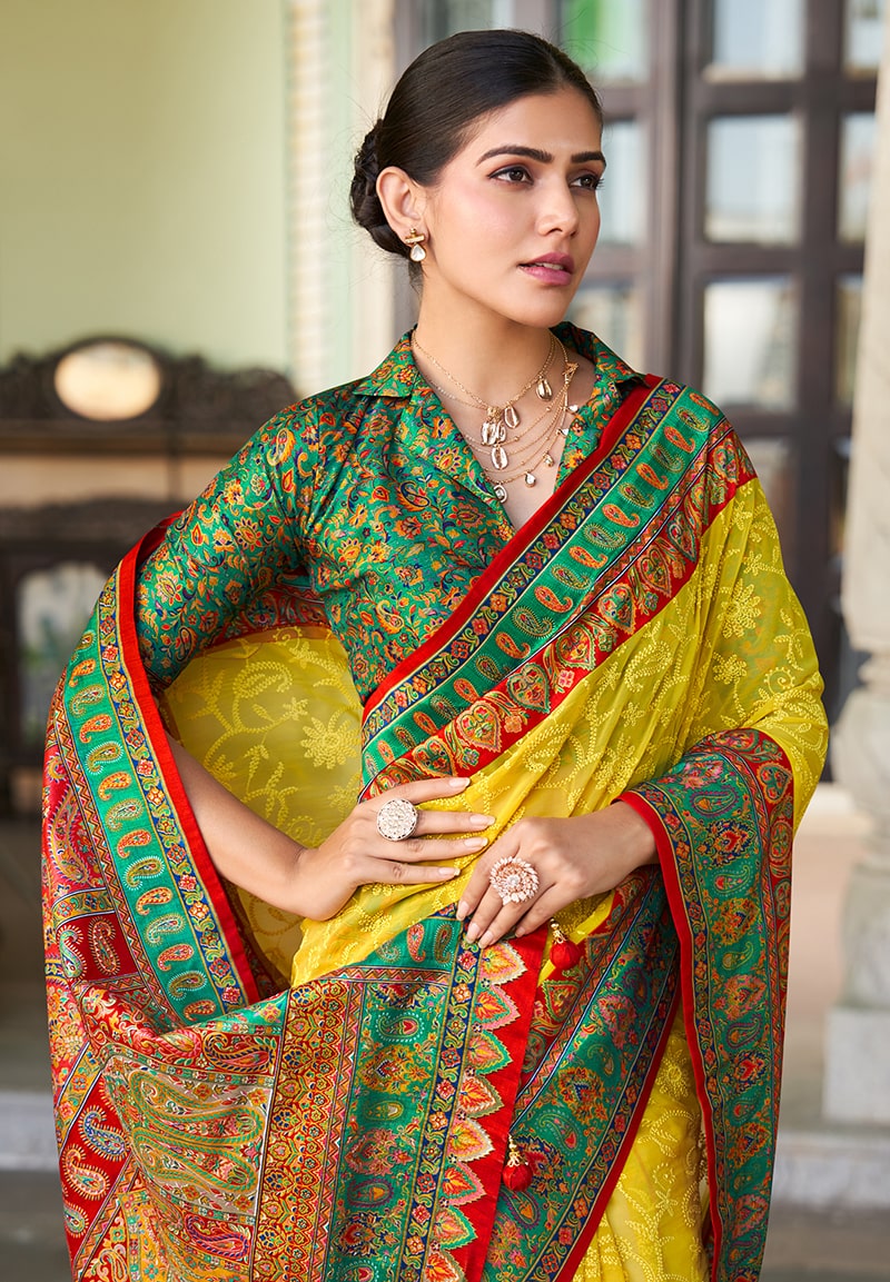 Monjolika Fashion Mustard Lucknowi Viscose Georgette Saree with Foil Print | Grocsy