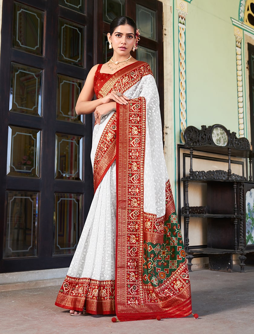 Monjolika Fashion White Lucknowi Viscose Georgette Saree with Foil Print | Grocsy