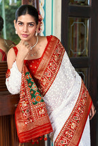 Monjolika Fashion White Lucknowi Viscose Georgette Saree with Foil Print | Grocsy