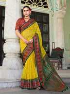 Monjolika Fashion Yellow Lucknowi Viscose Georgette Saree with Foil Print | Grocsy