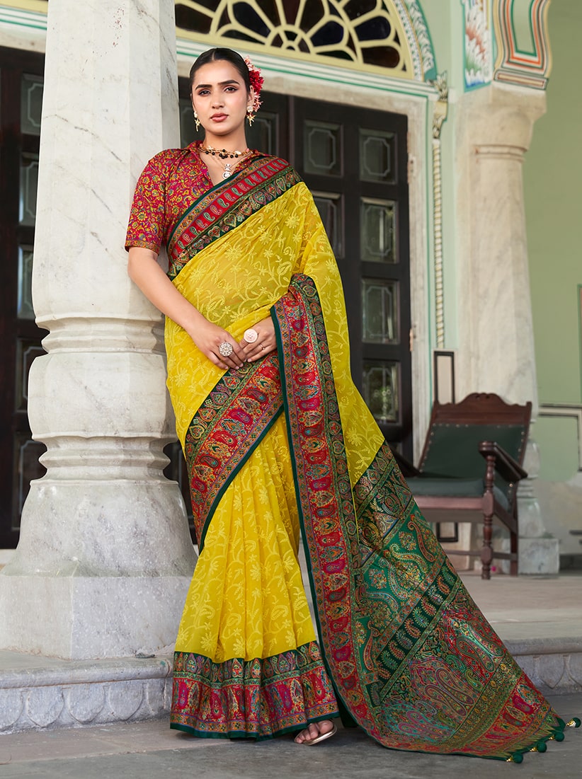 Monjolika Fashion Yellow Lucknowi Viscose Georgette Saree with Foil Print | Grocsy