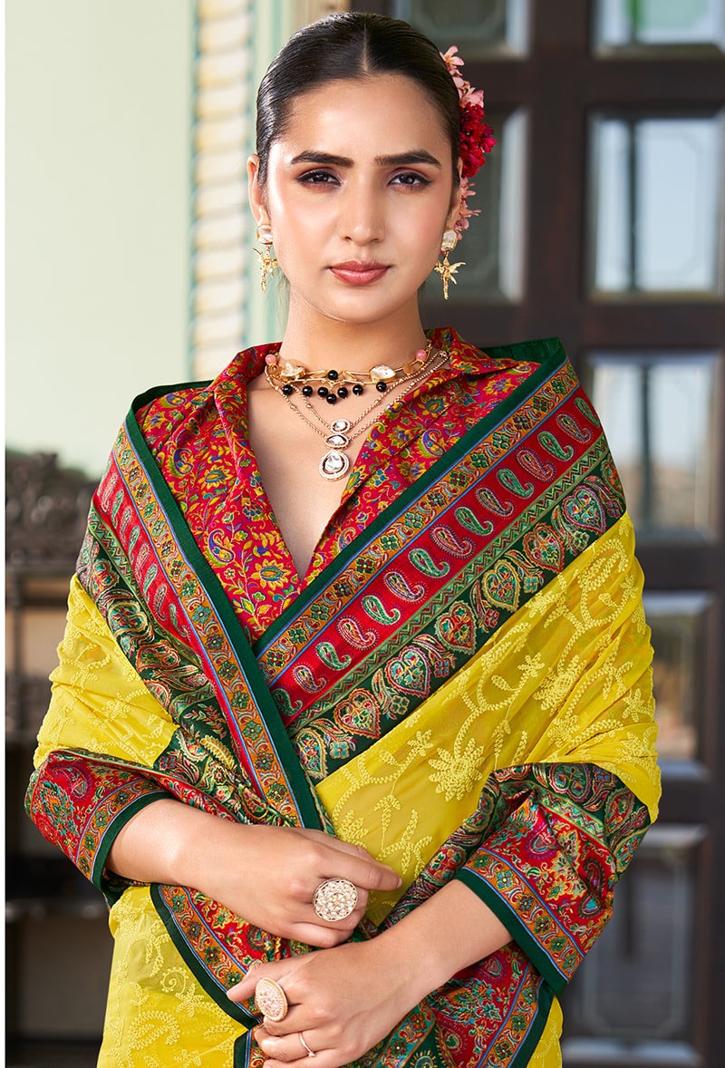 Monjolika Fashion Yellow Lucknowi Viscose Georgette Saree with Foil Print | Grocsy