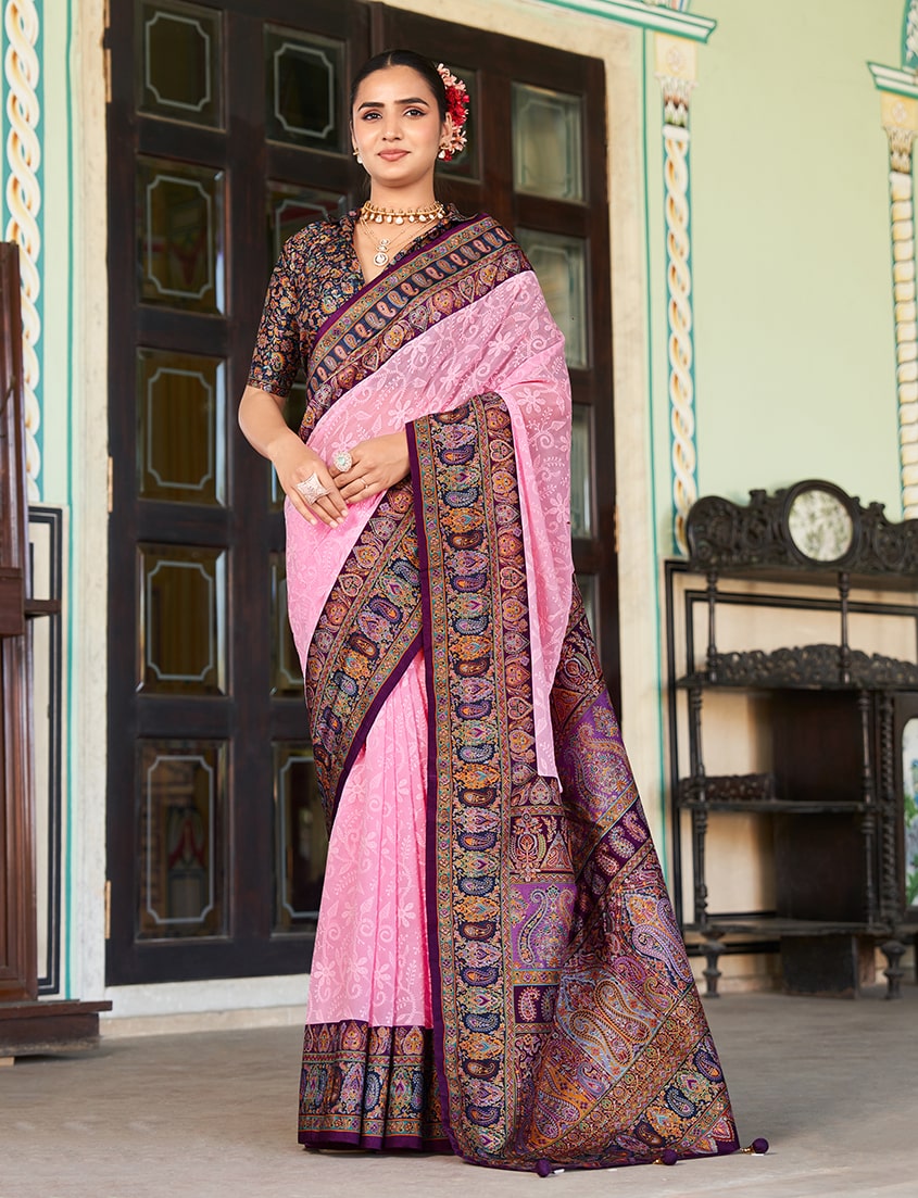 Monjolika Fashion Light Pink Lucknowi Viscose Georgette Saree with Foil Print | Grocsy