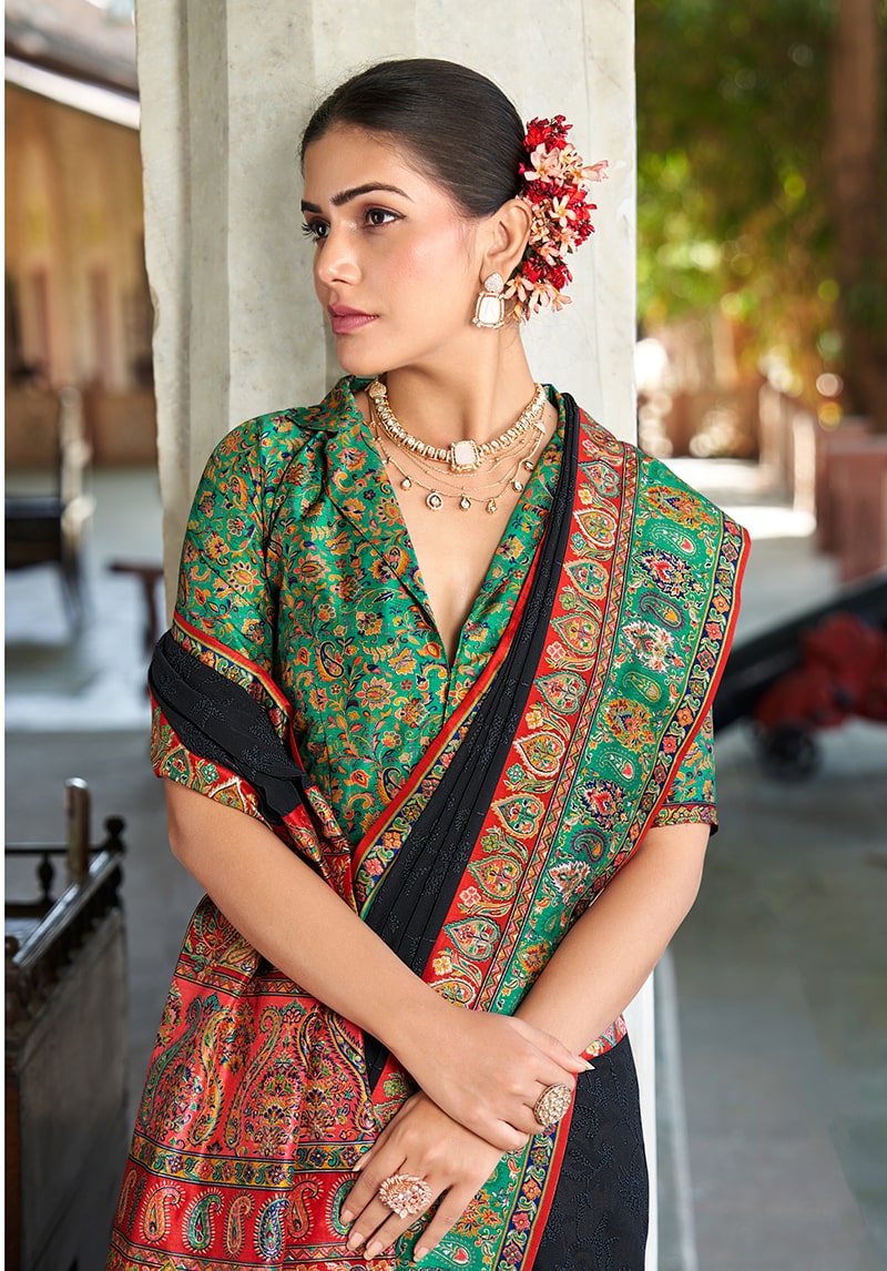 Monjolika Fashion Black Lucknowi Viscose Georgette Saree with Foil Print | Grocsy