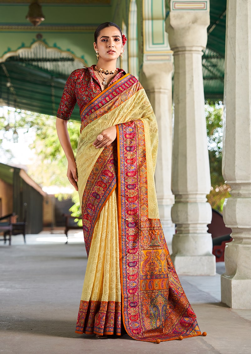 Monjolika Fashion Pastel Yellow Lucknowi Viscose Georgette Saree with Foil Print | Grocsy