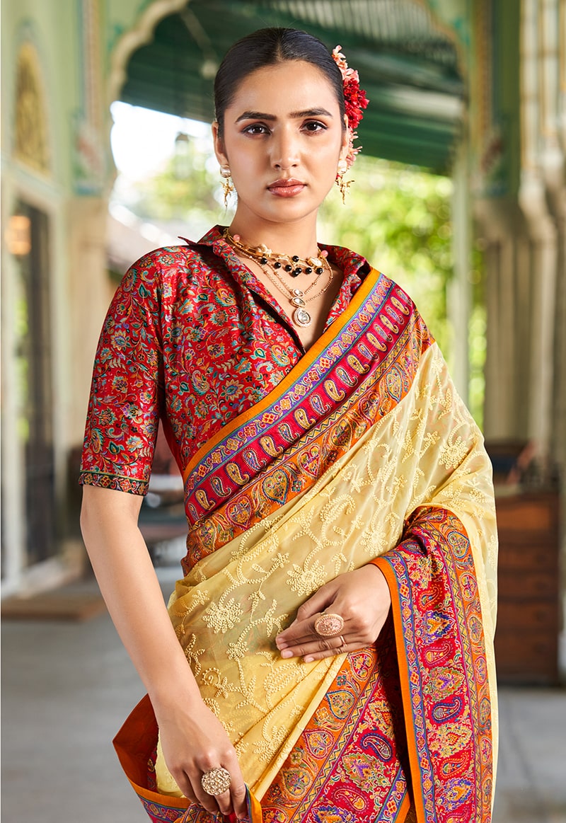 Monjolika Fashion Pastel Yellow Lucknowi Viscose Georgette Saree with Foil Print | Grocsy