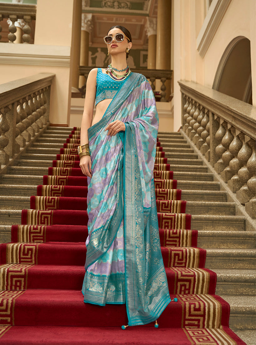 Monjolika Fashion Multi Color Satin Weaving Print Classic Saree | Grocsy