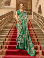 Monjolika Fashion Green Satin Weaving Print Classic Saree | Grocsy