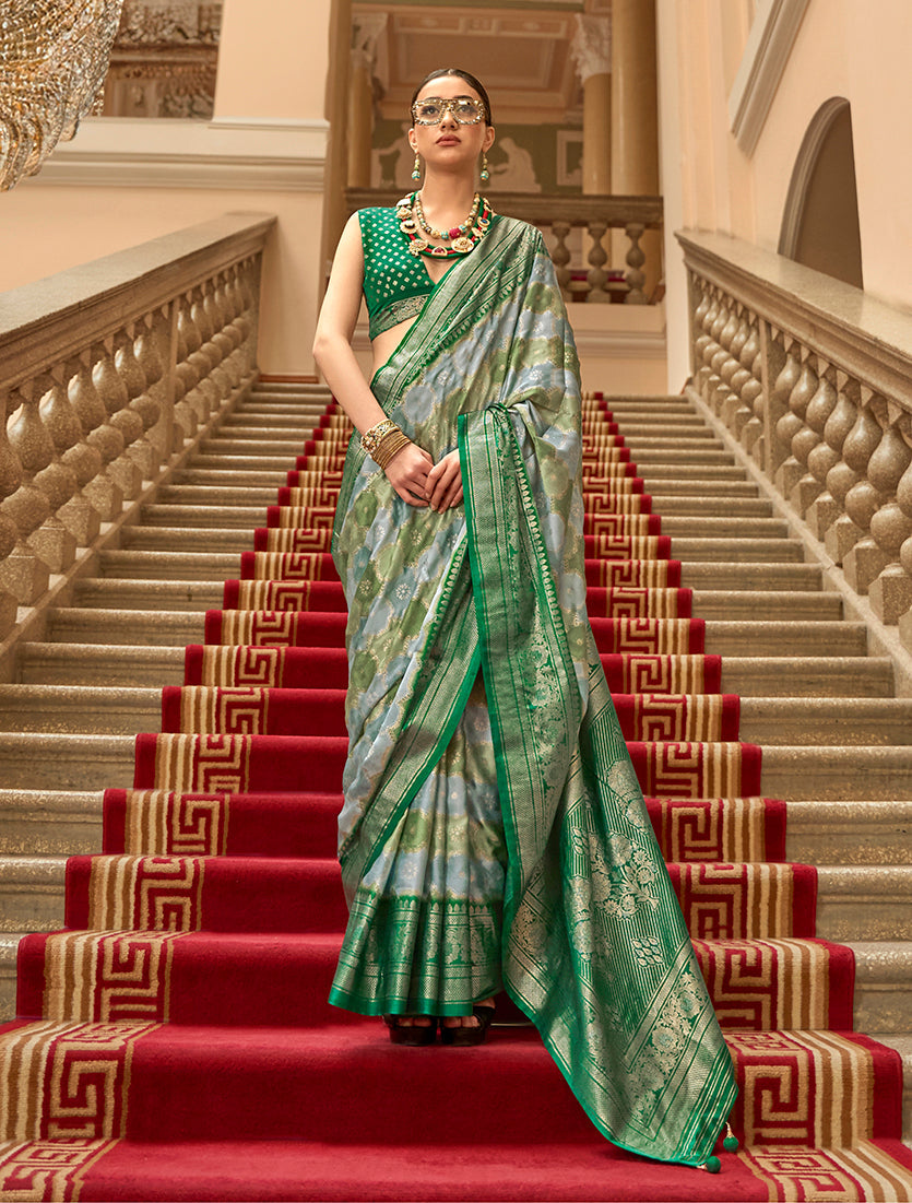 Monjolika Fashion Green Satin Weaving Print Classic Saree | Grocsy