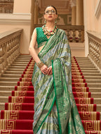 Monjolika Fashion Green Satin Weaving Print Classic Saree | Grocsy