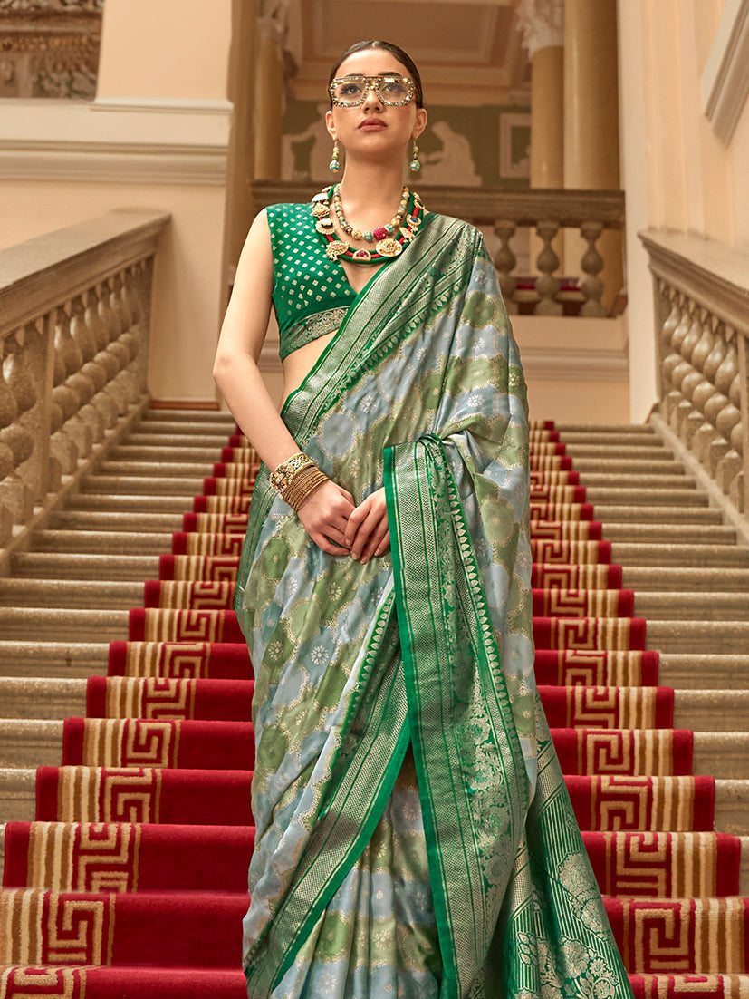 Monjolika Fashion Green Satin Weaving Print Classic Saree | Grocsy
