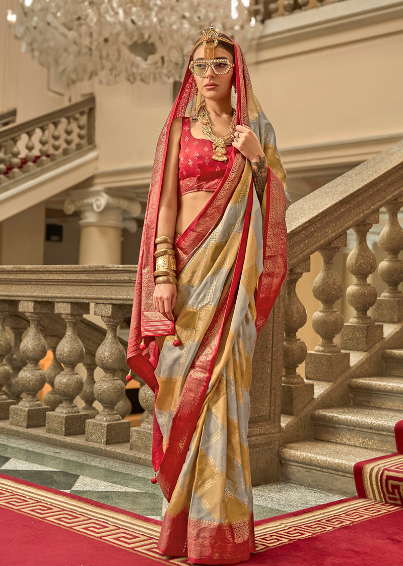 Monjolika Fashion Multi Color Satin Weaving Print Classic Saree | Grocsy