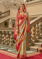 Monjolika Fashion Multi Color Satin Weaving Print Classic Saree | Grocsy