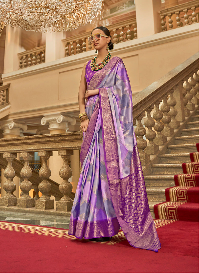 Monjolika Fashion Lavender Satin Weaving Print Classic Saree | Grocsy