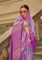 Monjolika Fashion Lavender Satin Weaving Print Classic Saree | Grocsy