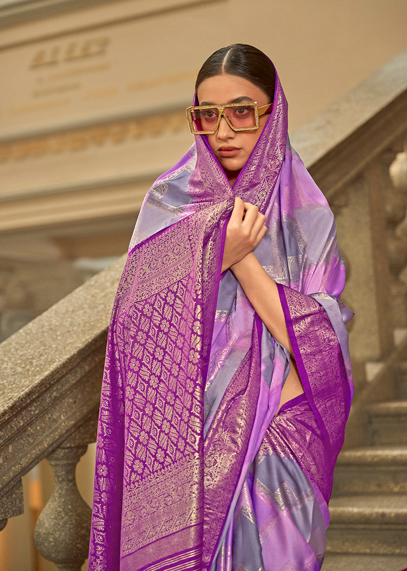 Monjolika Fashion Lavender Satin Weaving Print Classic Saree | Grocsy