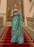 Monjolika Fashion Turquoise Satin Weaving Print Classic Saree | Grocsy