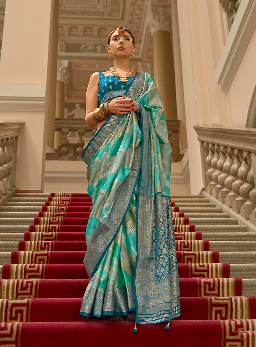 Monjolika Fashion Turquoise Satin Weaving Print Classic Saree | Grocsy