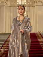 Monjolika Fashion Grey Satin Weaving Print Classic Saree | Grocsy
