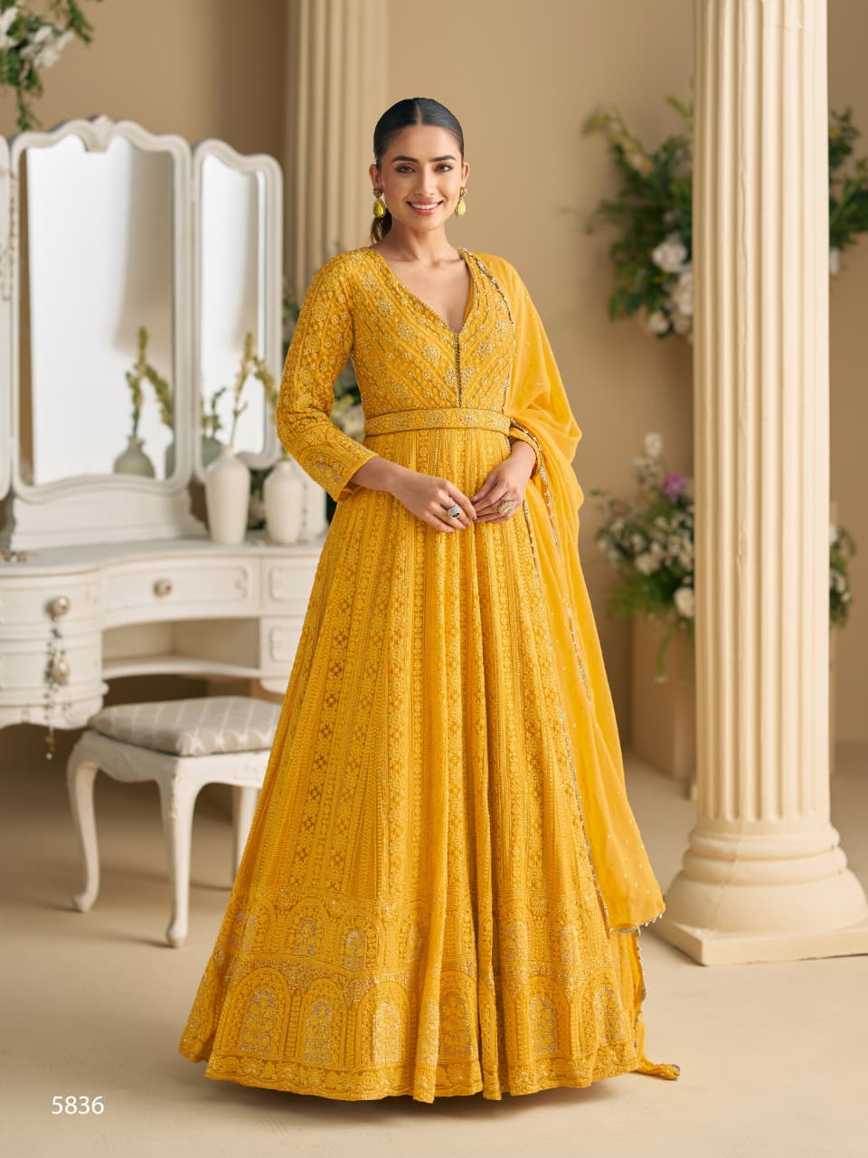Anaita Yellow Georgette Stitched Anarkali Suit with Embroidery & Sequence Work | Grocsy