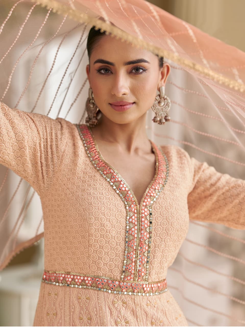 Anaita Peach Georgette Stitched Anarkali Suit with Embroidery & Sequence Work | Grocsy