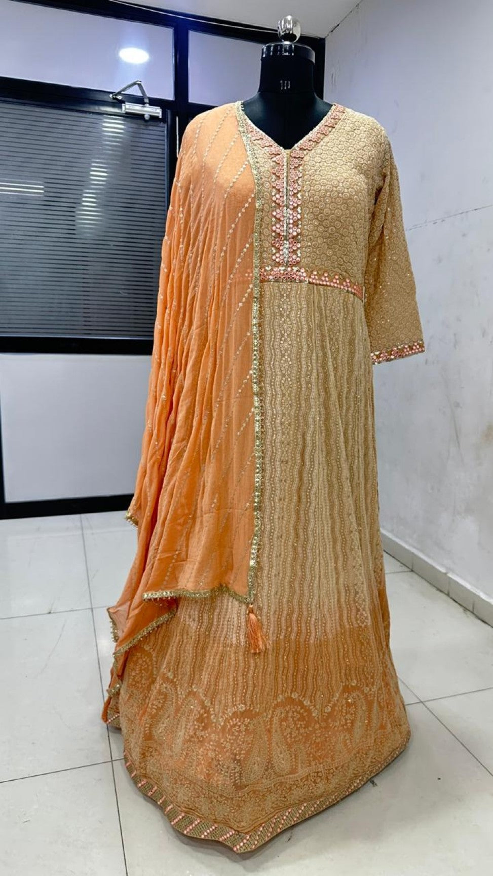 Anaita Peach Georgette Stitched Anarkali Suit with Embroidery & Sequence Work | Grocsy