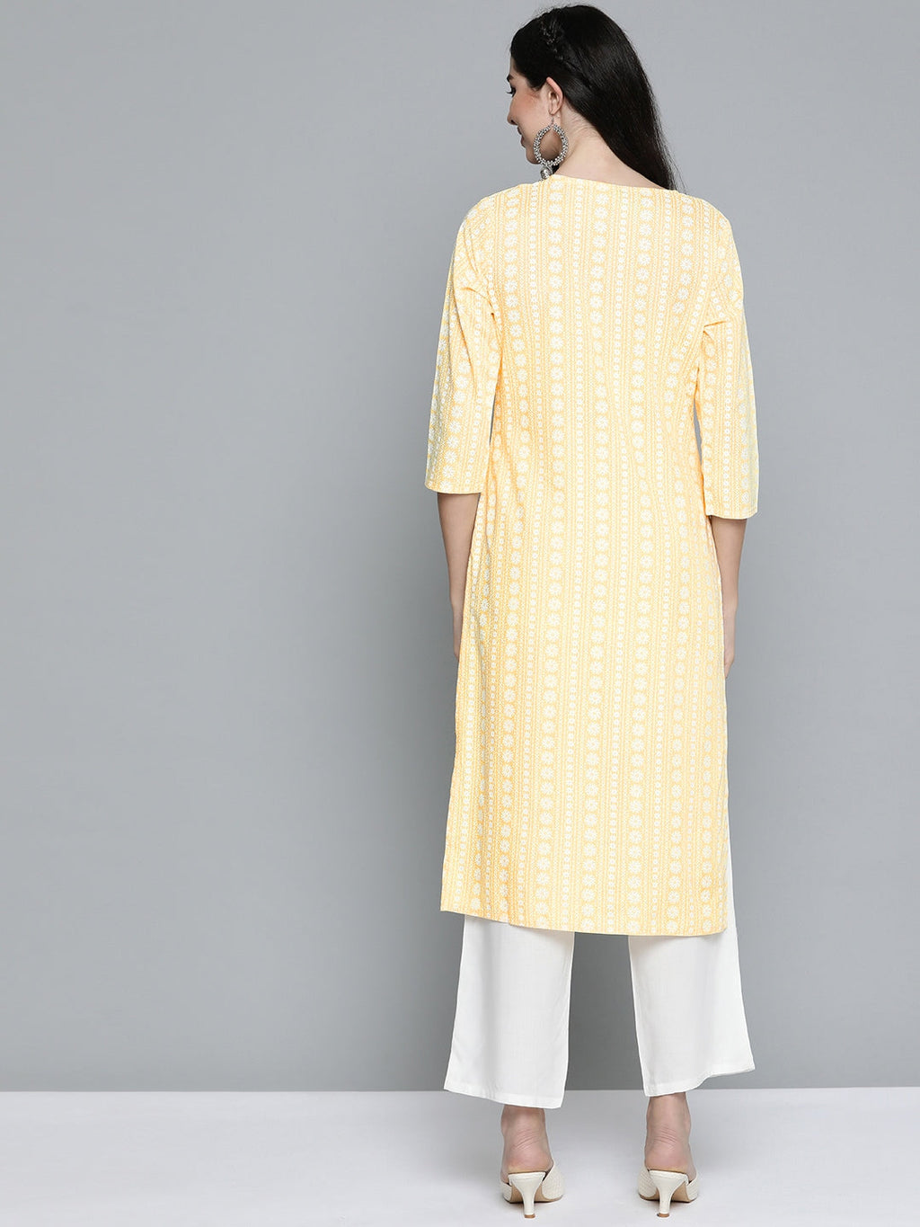 HERE&NOW Women Yellow & Off-White Printed Regular Kurta with Palazzos | Grocsy