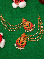 Aadita Red Gold-Toned & White Pearls Studded Contemporary Drop Earrings With Hair Chain | Grocsy