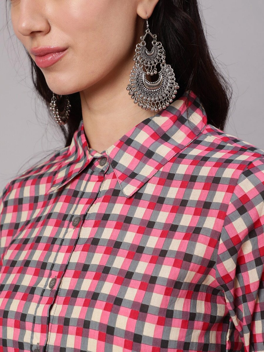 Aks Women Checked Shirt Collar Pure Cotton Kurta With Trousers | Grocsy