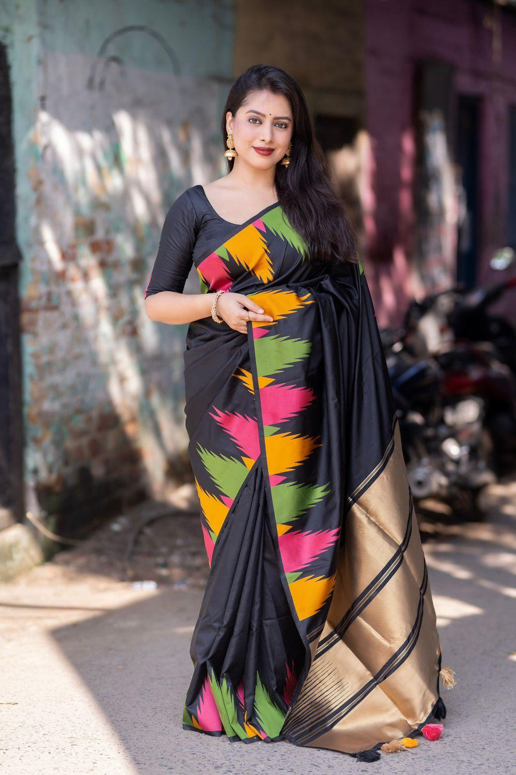 Black Polycotton Woven Design Saree with Unstitched Blouse - Hiral Fashion | Grocsy