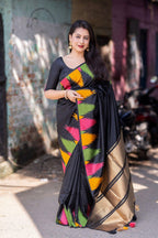 Black Polycotton Woven Design Saree with Unstitched Blouse - Hiral Fashion | Grocsy