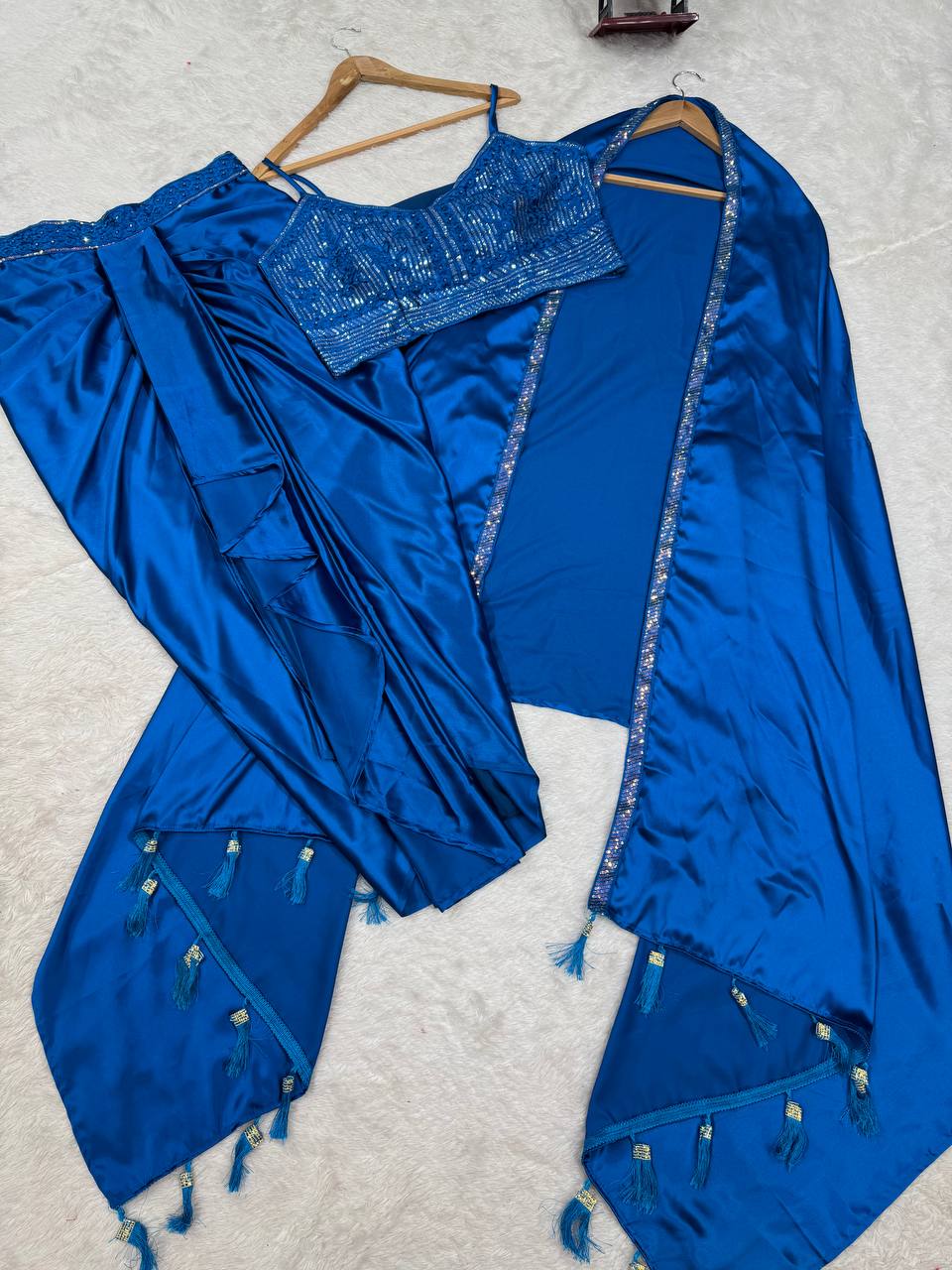 Prazu Fashion Blue Satin Silk Thread Sequence Western Dhoti With Strug | Grocsy