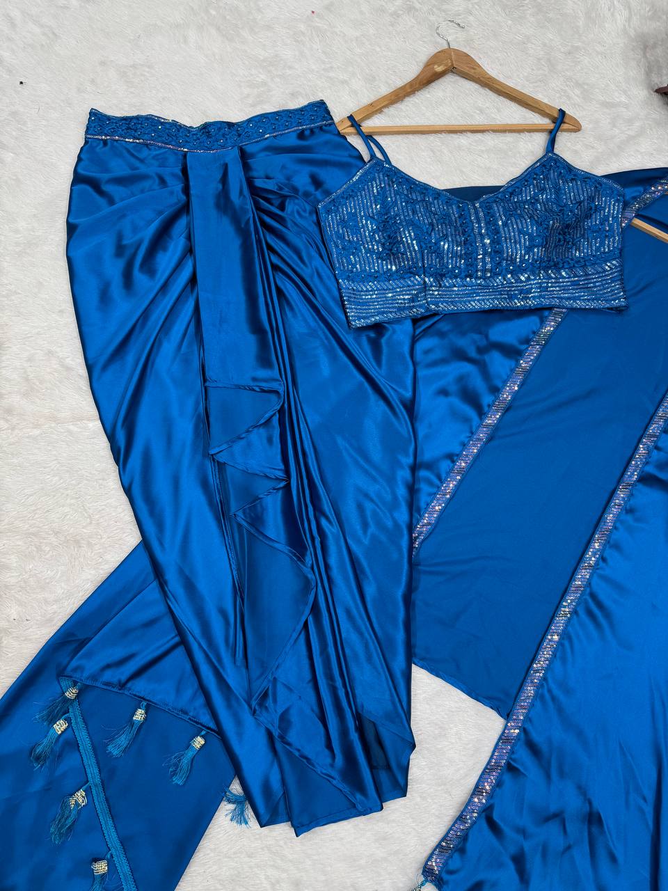 Prazu Fashion Blue Satin Silk Thread Sequence Western Dhoti With Strug | Grocsy