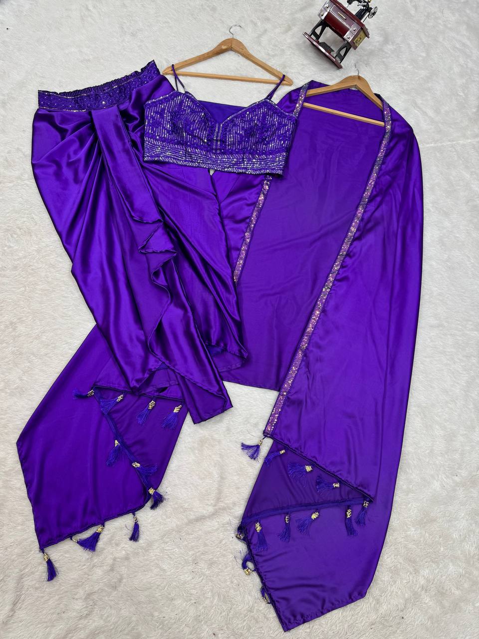 Prazu Fashion Violet Satin Silk Thread Sequence Western Dhoti With Strug | Grocsy