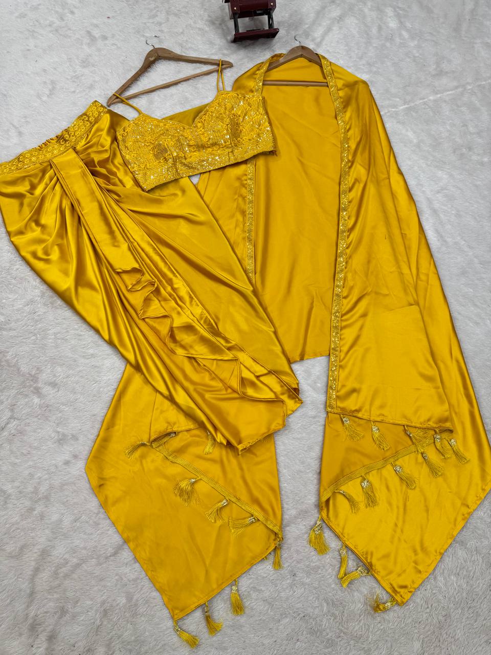 Prazu Fashion Yellow Satin Silk Thread Sequence Western Dhoti With Strug | Grocsy