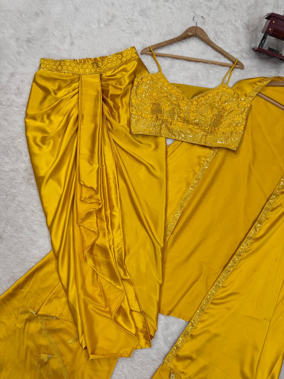 Prazu Fashion Yellow Satin Silk Thread Sequence Western Dhoti With Strug | Grocsy