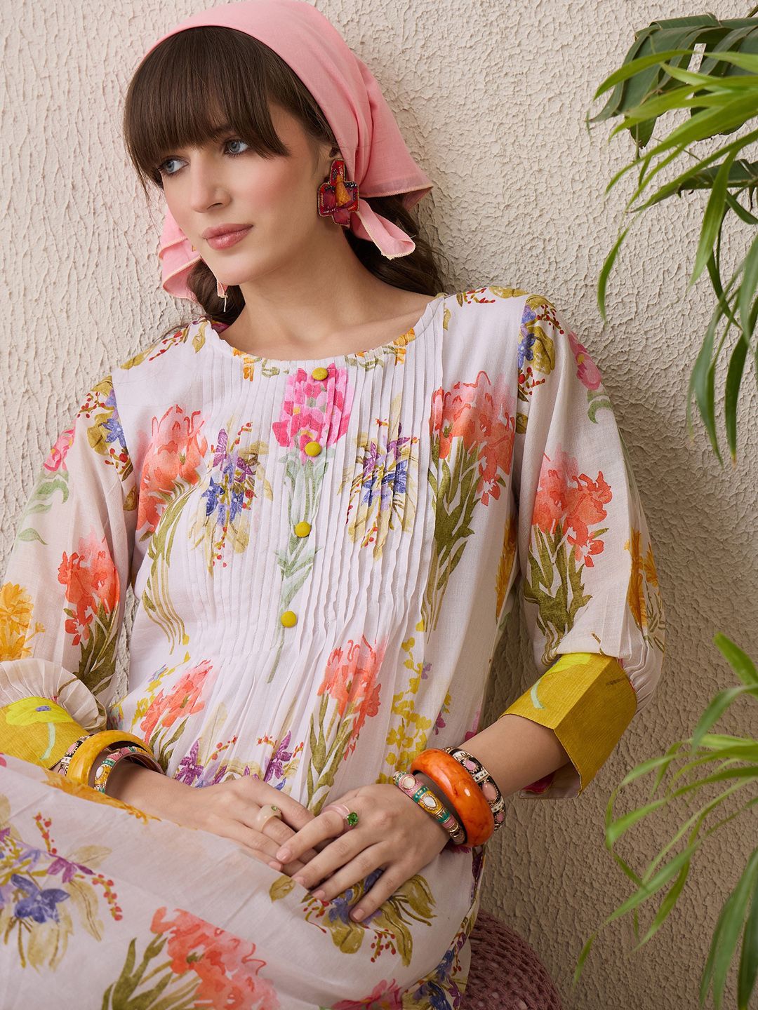 Indo Era Floral Printed Round Neck Pure Cotton Straight Kurta With Trouser | Grocsy