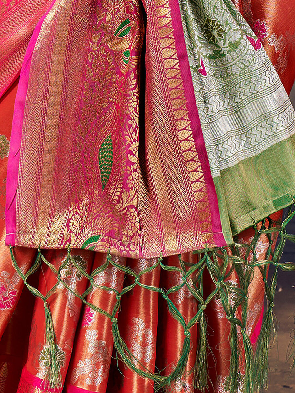 Sangria Rust Ethnic Woven-Designed Festive Saree With Blouse Piece | Grocsy