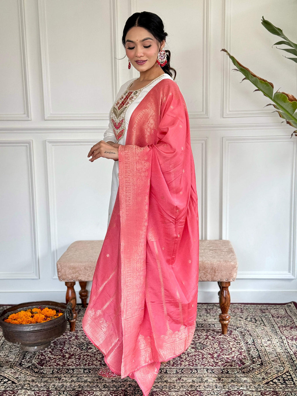 The52 Embroidered Viscose blend Fabric Straight Kurta, Pant and Dupatta Set | Grocsy
