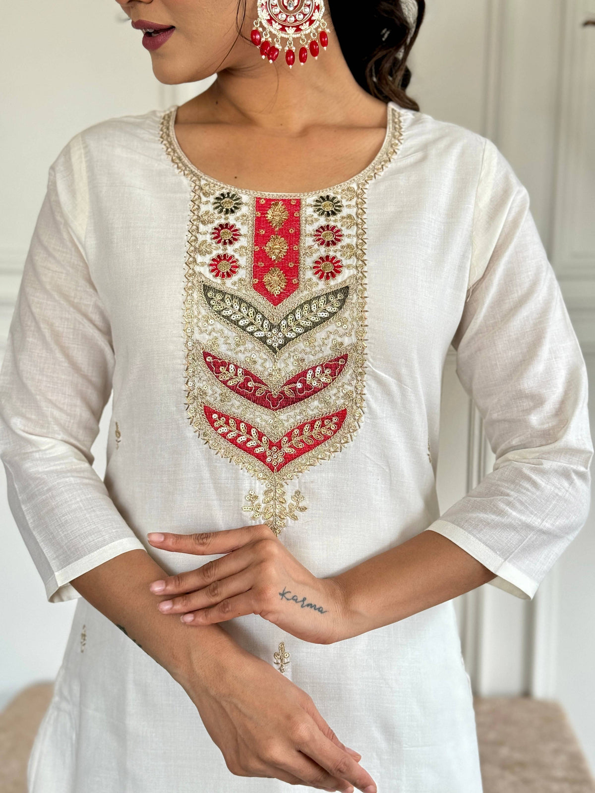The52 Embroidered Viscose blend Fabric Straight Kurta, Pant and Dupatta Set | Grocsy