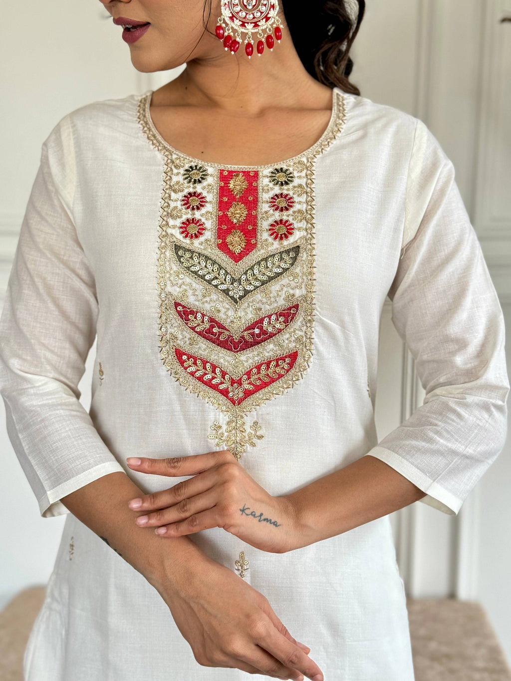 The52 Embroidered Viscose blend Fabric Straight Kurta, Pant and Dupatta Set | Grocsy