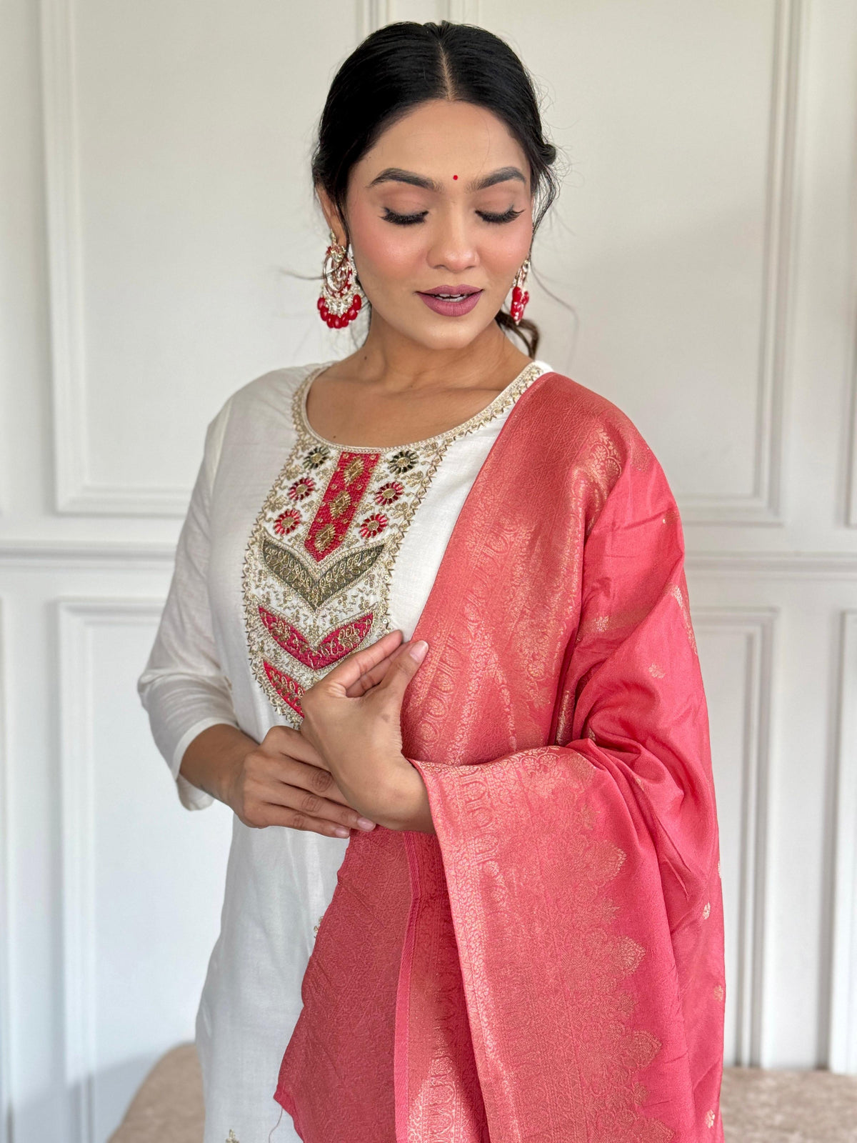 The52 Embroidered Viscose blend Fabric Straight Kurta, Pant and Dupatta Set | Grocsy