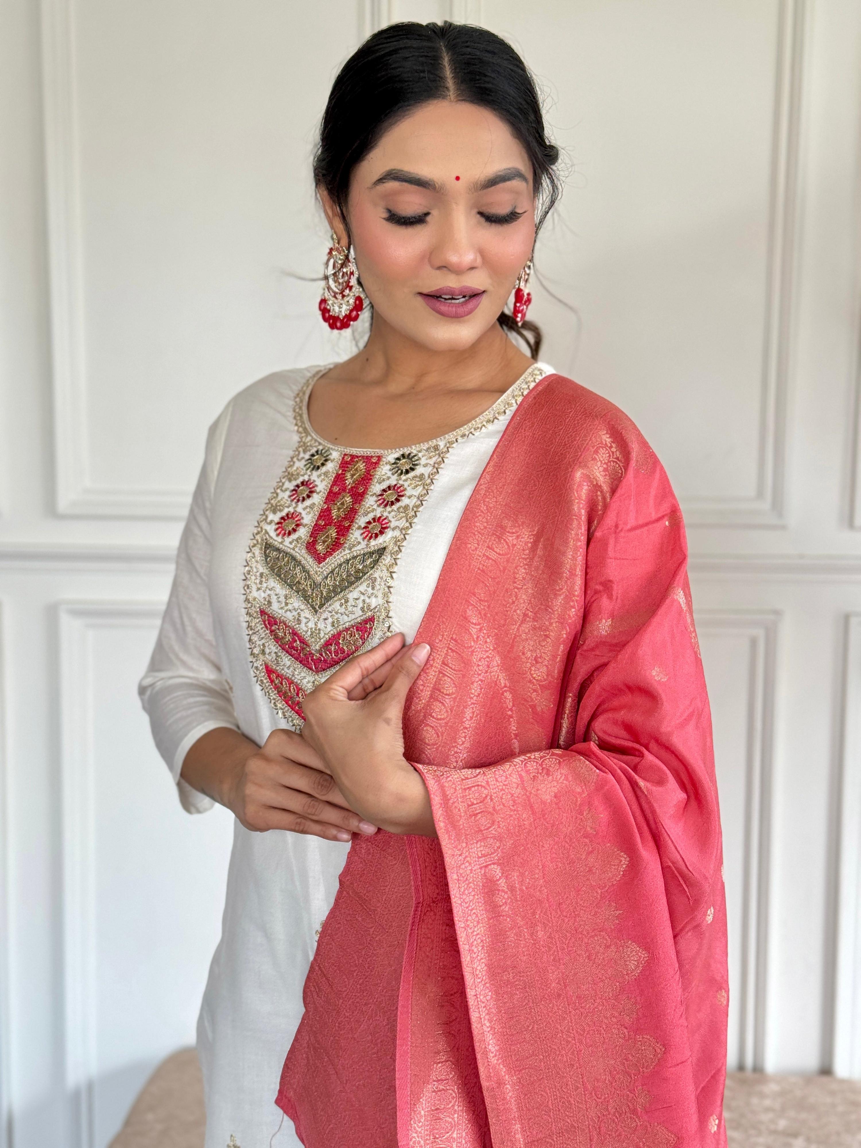 The52 Embroidered Viscose blend Fabric Straight Kurta, Pant and Dupatta Set | Grocsy