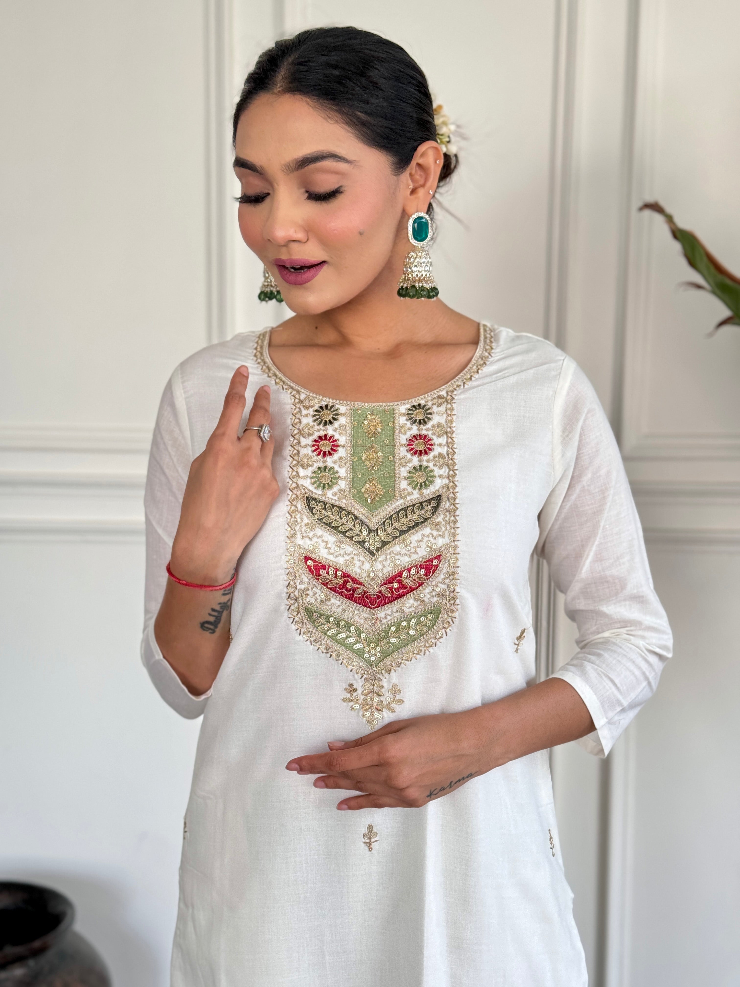 The52 Embroidered Viscose blend Fabric Straight Kurta, Pant and Dupatta Set | Grocsy