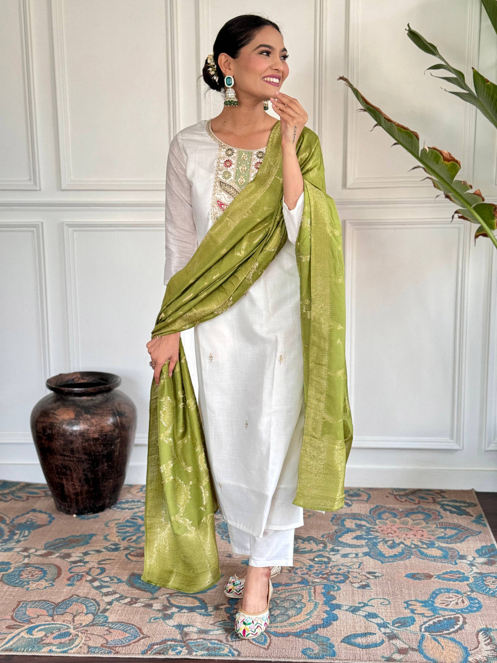 The52 Embroidered Viscose blend Fabric Straight Kurta, Pant and Dupatta Set | Grocsy