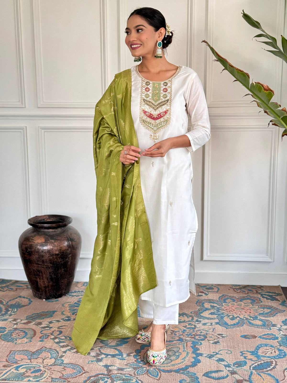 The52 Embroidered Viscose blend Fabric Straight Kurta, Pant and Dupatta Set | Grocsy
